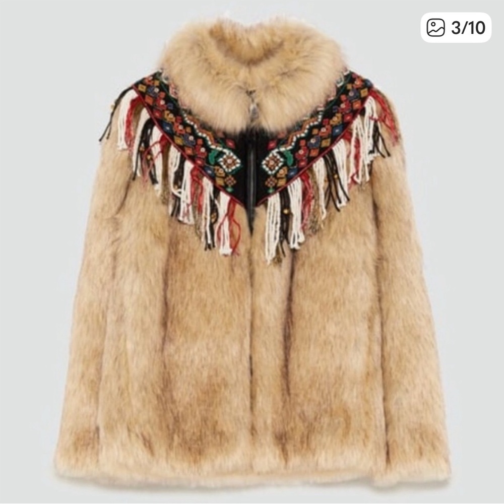 Zara Tan Faux Fur Teddy Jacket with Embroidered Fringe Yoke